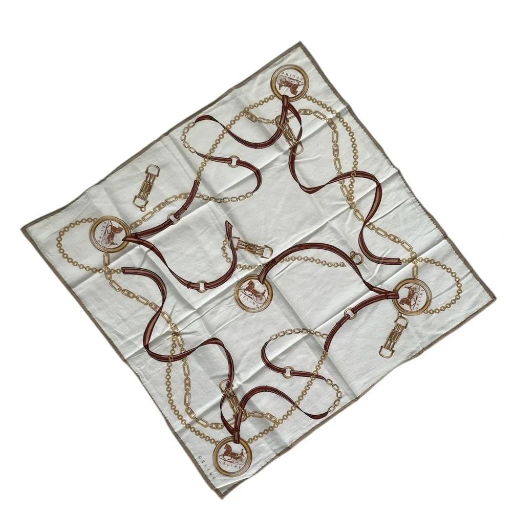 Authentic Celine Vintage Equestrian Chain Print Handkerchief in White and Brown